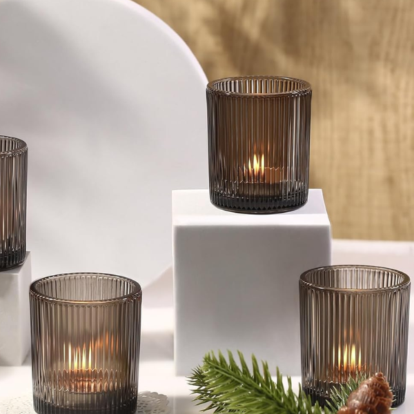 SMOKE CHOCOLATE RIBBED TEA LIGHT HOLDERS