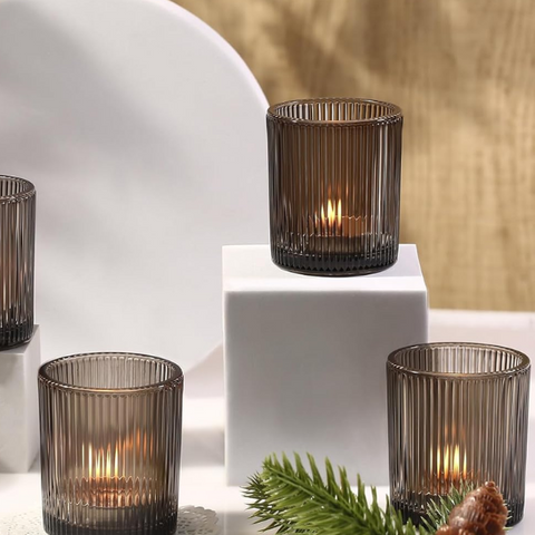 CH302 - SMOKE GREY RIBBED GLASS 3" TEA LIGHT HOLDER