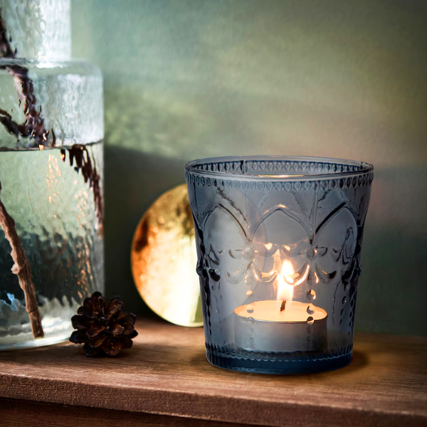 SMOKE BLUE GLASS TEA LIGHT HOLDERS